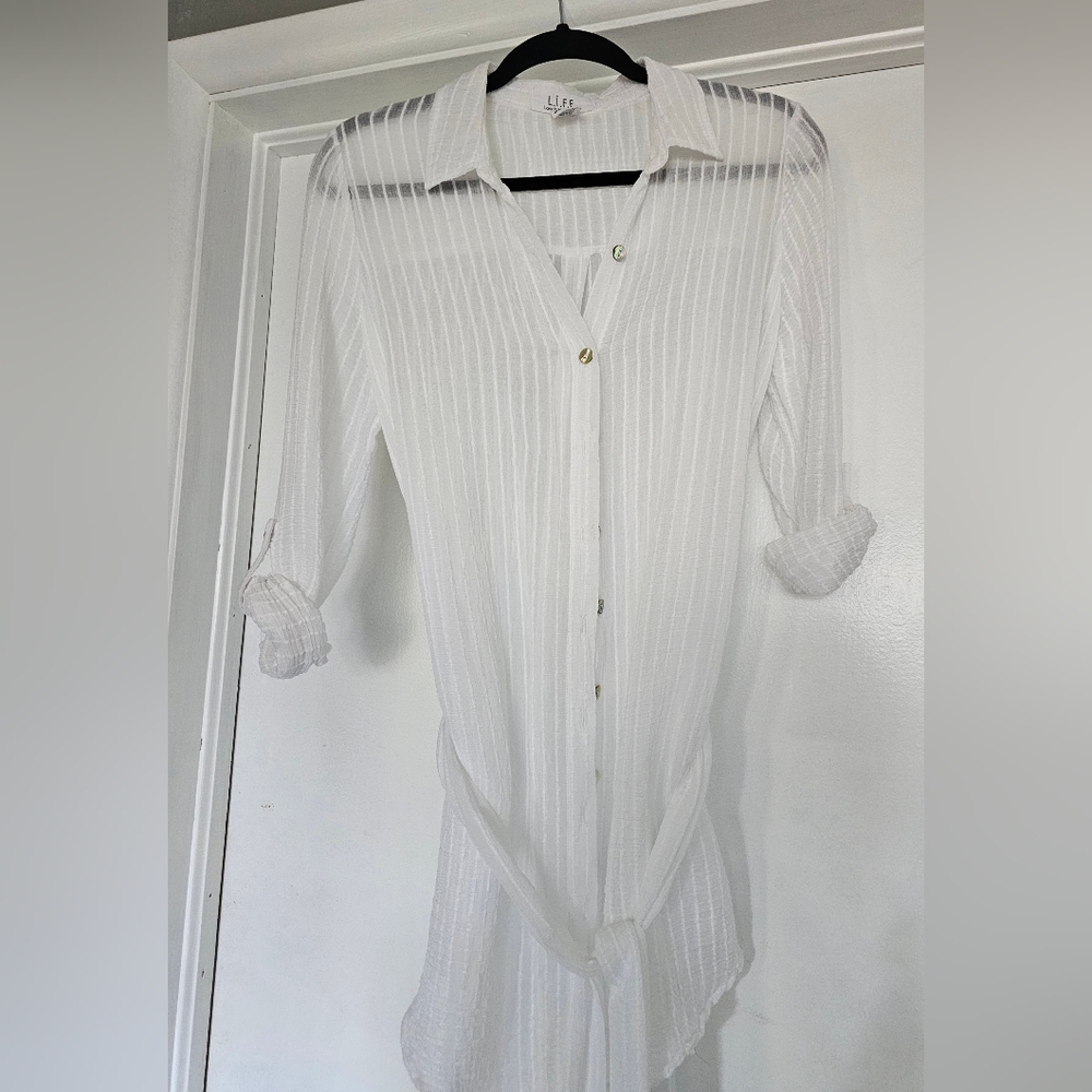 L.I.F.E. Love Is For Eternity White Button Down Beach Cover Up